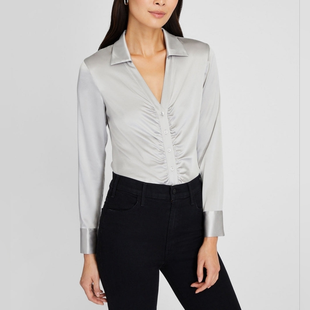 Club Monaco Blouse Silver Gray Washable Silk Long Sleeves Ruched Size S